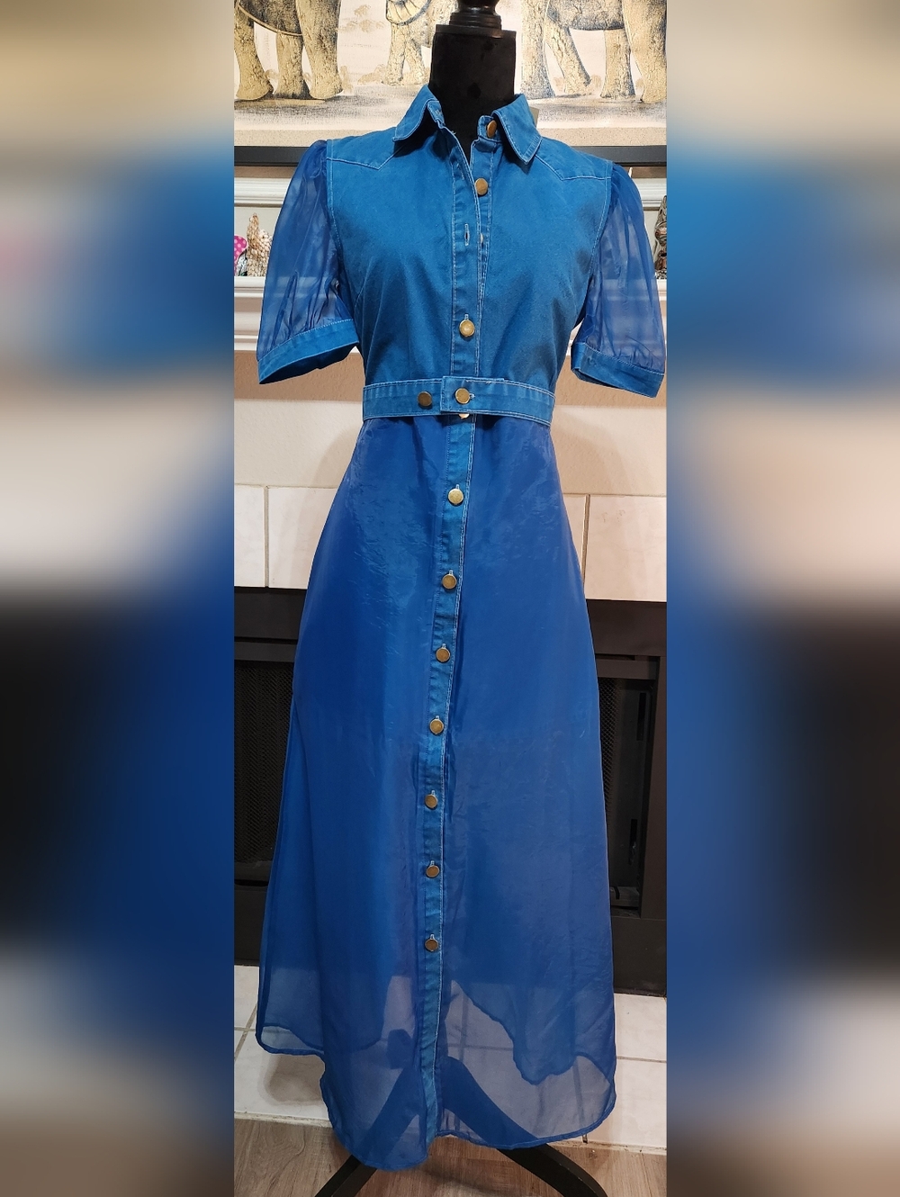 Oyrosy V-neck Short-sleeved Organza Blue Denim Dress